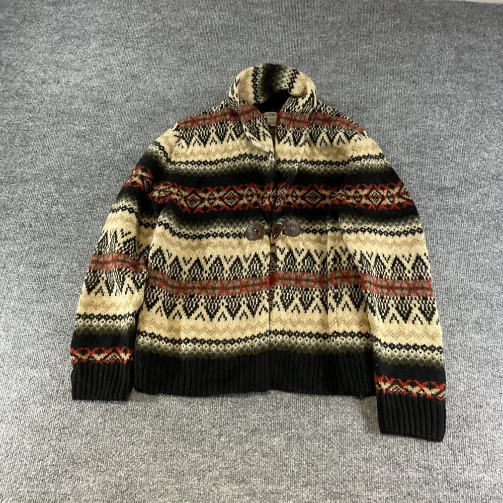 Susan Bristol Mens Wool Fair Isle Toggle Cardigan Sweater Shawl Collar L Black